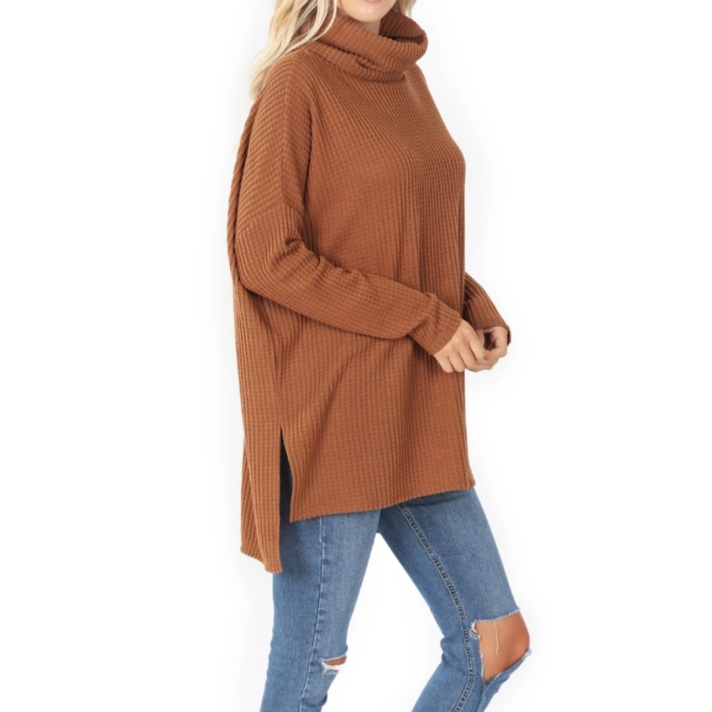 📢SALE! BOHO CHIC  Brushed Thermal Waffle Cowl Neck Hi-Low Sweater Top - Picture 2 of 3